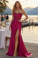 Load image into Gallery viewer, Fuchsia Plus Size Satin Mermaid Long Corset Prom Dress with Slit