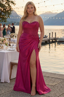 Load image into Gallery viewer, Fuchsia Plus Size Satin Mermaid Long Corset Prom Dress with Slit