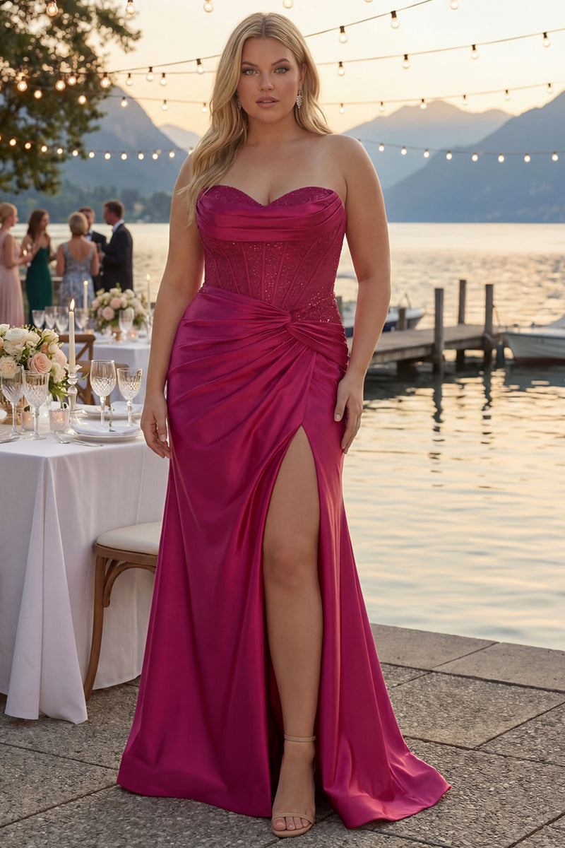 Load image into Gallery viewer, Fuchsia Plus Size Satin Mermaid Long Corset Prom Dress with Slit