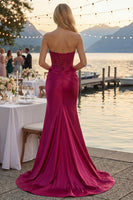 Load image into Gallery viewer, Fuchsia Plus Size Satin Mermaid Long Corset Prom Dress with Slit