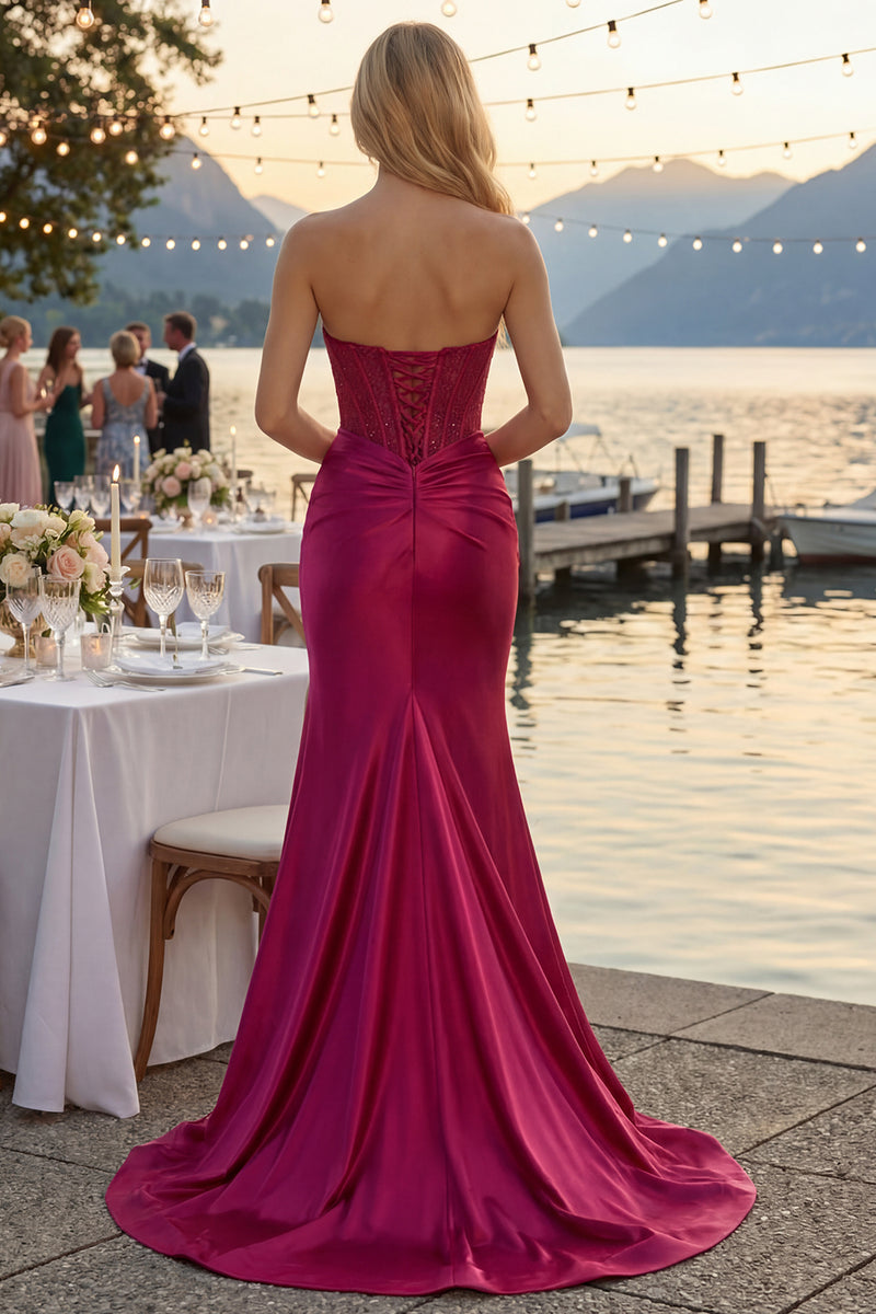 Load image into Gallery viewer, Fuchsia Plus Size Satin Mermaid Long Corset Prom Dress with Slit