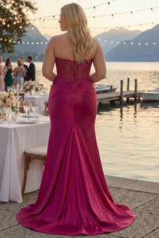 Fuchsia Plus Size Satin Mermaid Long Corset Prom Dress with Slit