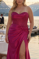 Load image into Gallery viewer, Fuchsia Plus Size Satin Mermaid Long Corset Prom Dress with Slit