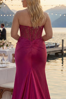 Load image into Gallery viewer, Fuchsia Plus Size Satin Mermaid Long Corset Prom Dress with Slit