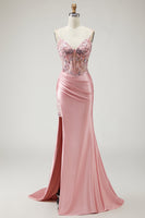 Load image into Gallery viewer, Sparkly Blush Beaded Long Corset Prom Dress with Slit