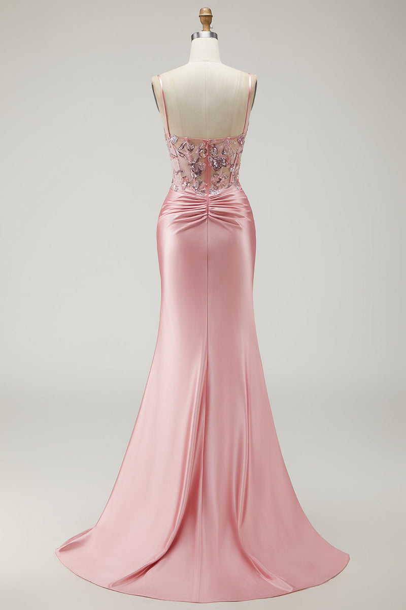 Load image into Gallery viewer, Sparkly Blush Beaded Long Corset Prom Dress with Slit