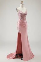 Load image into Gallery viewer, Sparkly Blush Beaded Long Corset Prom Dress with Slit