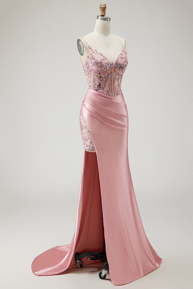 Load image into Gallery viewer, Sparkly Blush Beaded Long Corset Prom Dress with Slit