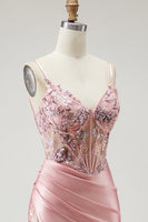 Load image into Gallery viewer, Sparkly Blush Beaded Long Corset Prom Dress with Slit