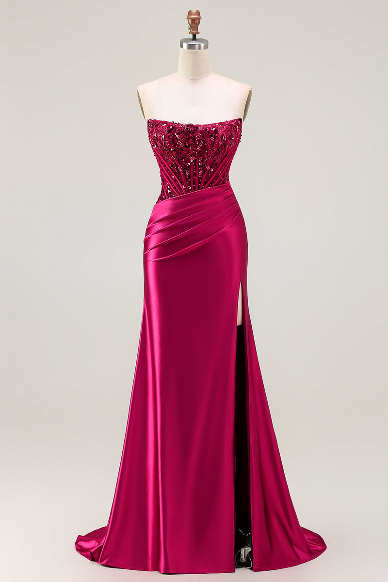 Queendancer Women Sparkly Burgundy Maxi Corset Prom Dress with Slit