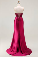 Load image into Gallery viewer, Sparkly Burgundy Beaded Mermaid Long Corset Prom Dress with Slit