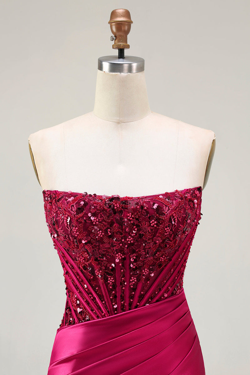 Load image into Gallery viewer, Sparkly Burgundy Beaded Mermaid Long Corset Prom Dress with Slit