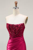 Load image into Gallery viewer, Sparkly Burgundy Beaded Mermaid Long Corset Prom Dress with Slit