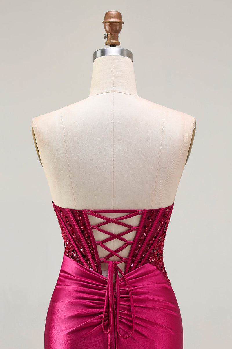 Load image into Gallery viewer, Sparkly Burgundy Beaded Mermaid Long Corset Prom Dress with Slit