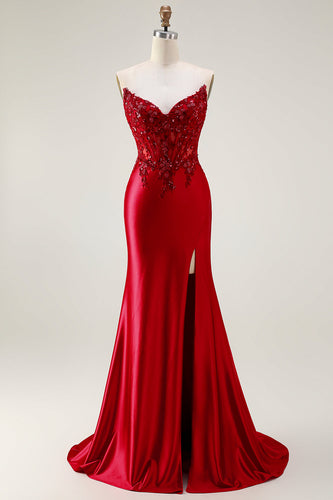 Sparkly Red Strapless Mermaid Appliqued Corset Long Prom Dress with Slit