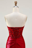 Load image into Gallery viewer, Sparkly Red Strapless Mermaid Appliqued Corset Long Prom Dress with Slit