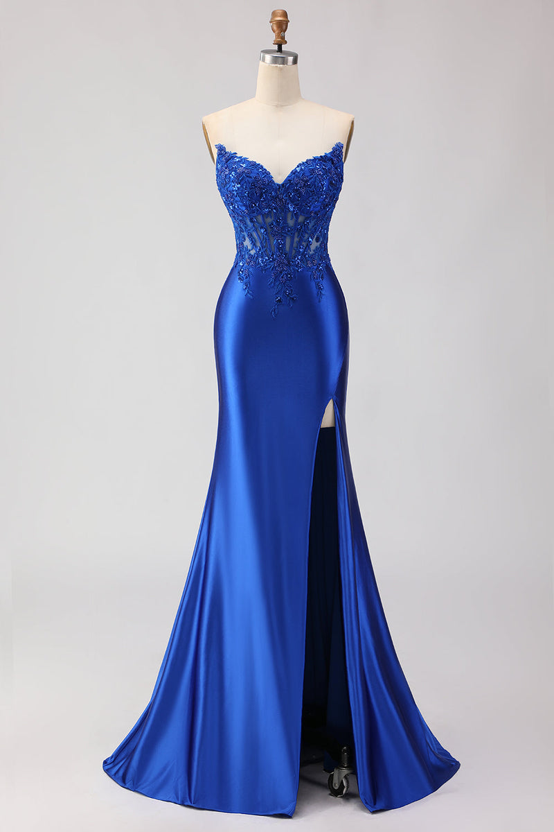 Load image into Gallery viewer, Sparkly Royal Blue Mermaid Appliqued Long Corset Prom Dress with Slit