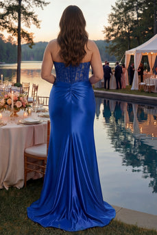 Sparkly Plus Size Royal Blue Appliqued Mermaid Long Corset Prom Dress with Slit