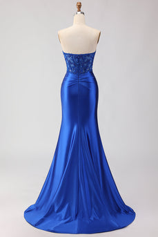Sparkly Royal Blue Mermaid Appliqued Long Corset Prom Dress with Slit