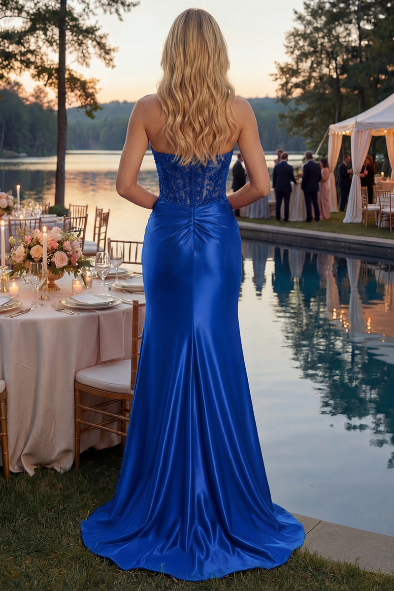 Load image into Gallery viewer, Sparkly Plus Size Royal Blue Appliqued Mermaid Long Corset Prom Dress with Slit