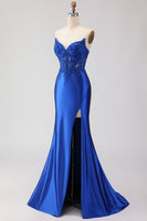 Load image into Gallery viewer, Sparkly Royal Blue Mermaid Appliqued Long Corset Prom Dress with Slit