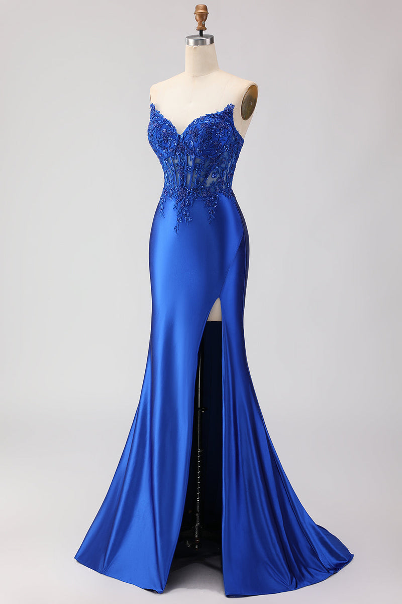 Load image into Gallery viewer, Sparkly Royal Blue Mermaid Appliqued Long Corset Prom Dress with Slit
