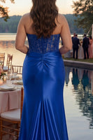 Load image into Gallery viewer, Sparkly Plus Size Royal Blue Appliqued Mermaid Long Corset Prom Dress with Slit