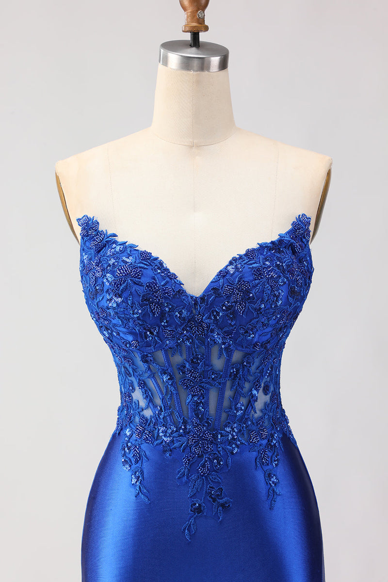 Load image into Gallery viewer, Sparkly Royal Blue Mermaid Appliqued Long Corset Prom Dress with Slit