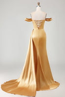 Load image into Gallery viewer, Sparkly Golden Long Mermaid Prom Dress with Side Cape