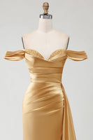 Load image into Gallery viewer, Sparkly Golden Long Mermaid Prom Dress with Side Cape