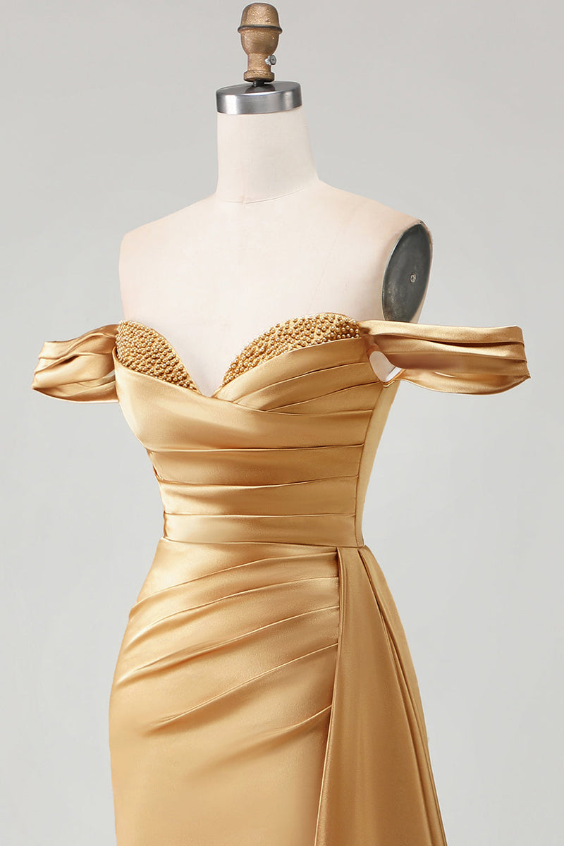 Load image into Gallery viewer, Sparkly Golden Long Mermaid Prom Dress with Side Cape