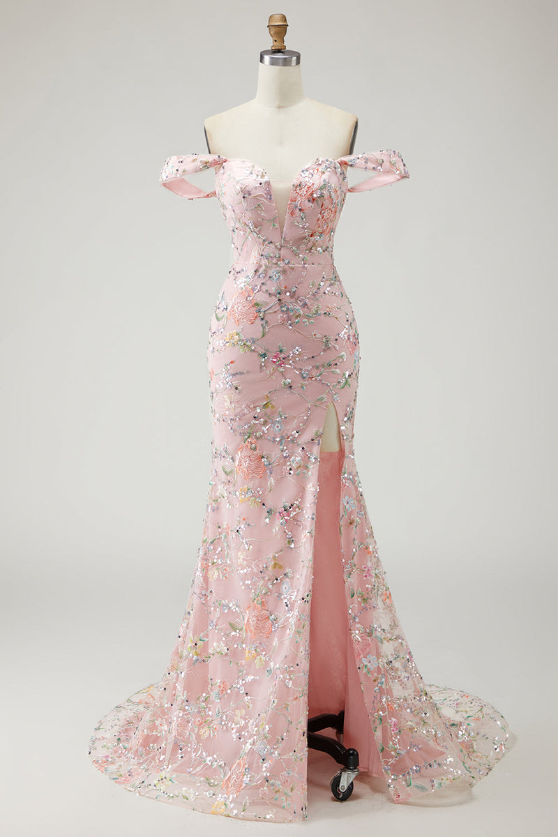 Load image into Gallery viewer, Blush Mermaid Floral Long Prom Dress with Embroidery
