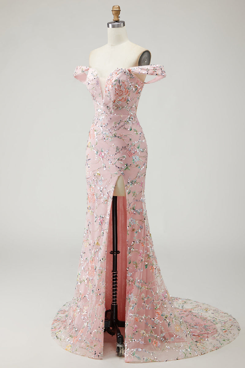 Load image into Gallery viewer, Blush Mermaid Floral Long Prom Dress with Embroidery