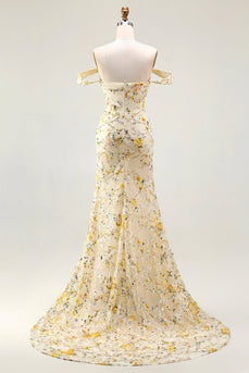 Mermaid Floral Yellow Long Prom Dress with Embroidery