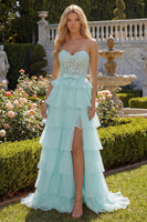 Load image into Gallery viewer, Pink Sweetheart A Line Corset Ruffled Long Prom Dress with Slit