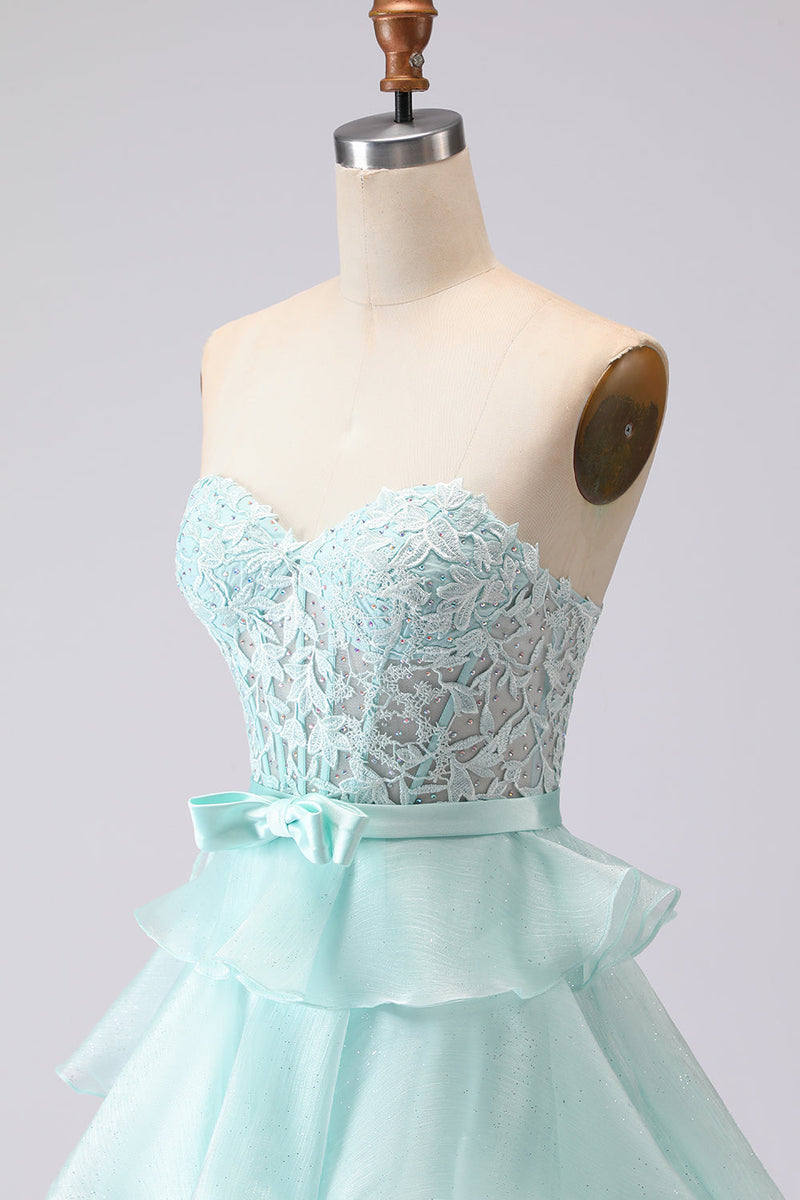 Load image into Gallery viewer, Pink Sweetheart A Line Corset Ruffled Long Prom Dress with Slit