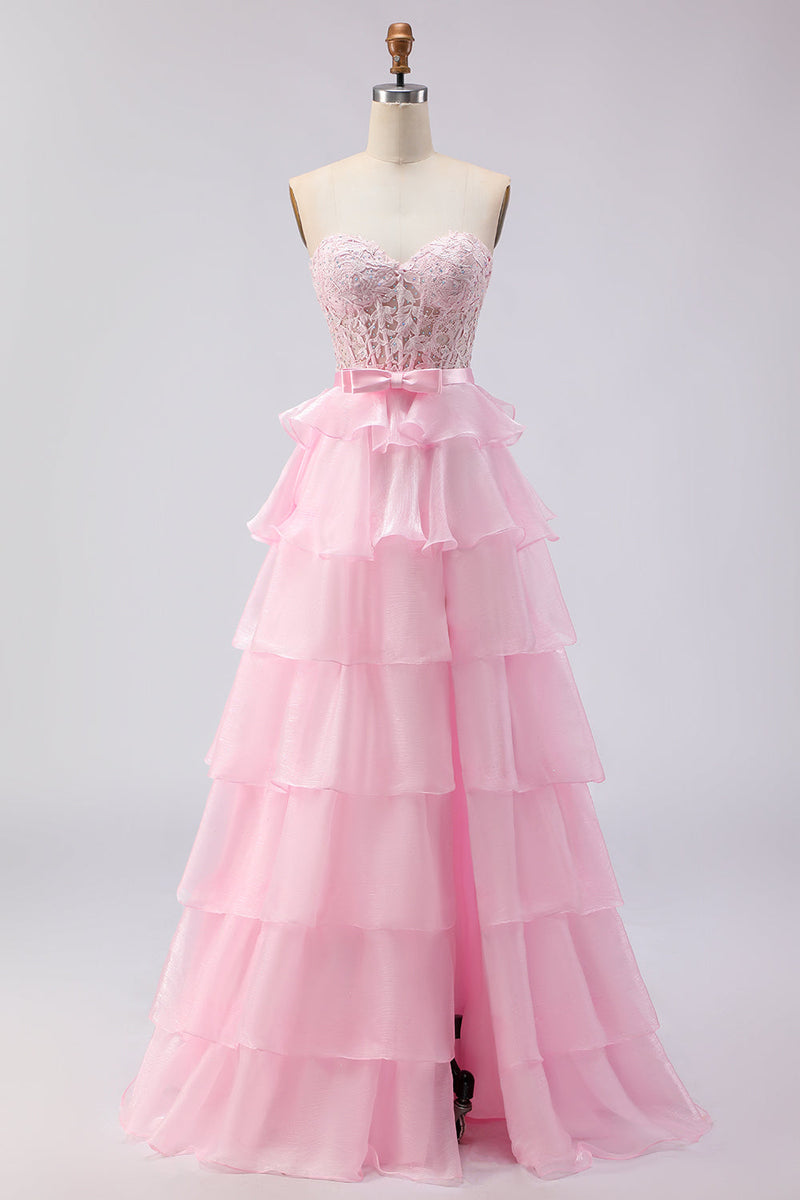 Load image into Gallery viewer, Pink Sweetheart A Line Corset Ruffled Long Prom Dress with Slit