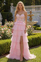 Load image into Gallery viewer, Pink Sweetheart A Line Corset Ruffled Long Prom Dress with Slit