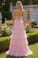 Load image into Gallery viewer, Pink Sweetheart A Line Corset Ruffled Long Prom Dress with Slit