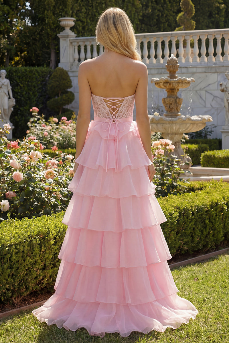 Load image into Gallery viewer, Pink Sweetheart A Line Corset Ruffled Long Prom Dress with Slit