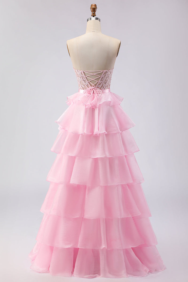 Load image into Gallery viewer, Pink Sweetheart A Line Corset Ruffled Long Prom Dress with Slit