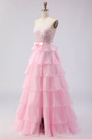 Load image into Gallery viewer, Pink Sweetheart A Line Corset Ruffled Long Prom Dress with Slit