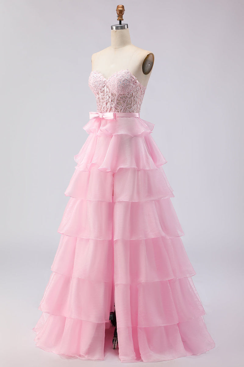 Load image into Gallery viewer, Pink Sweetheart A Line Corset Ruffled Long Prom Dress with Slit