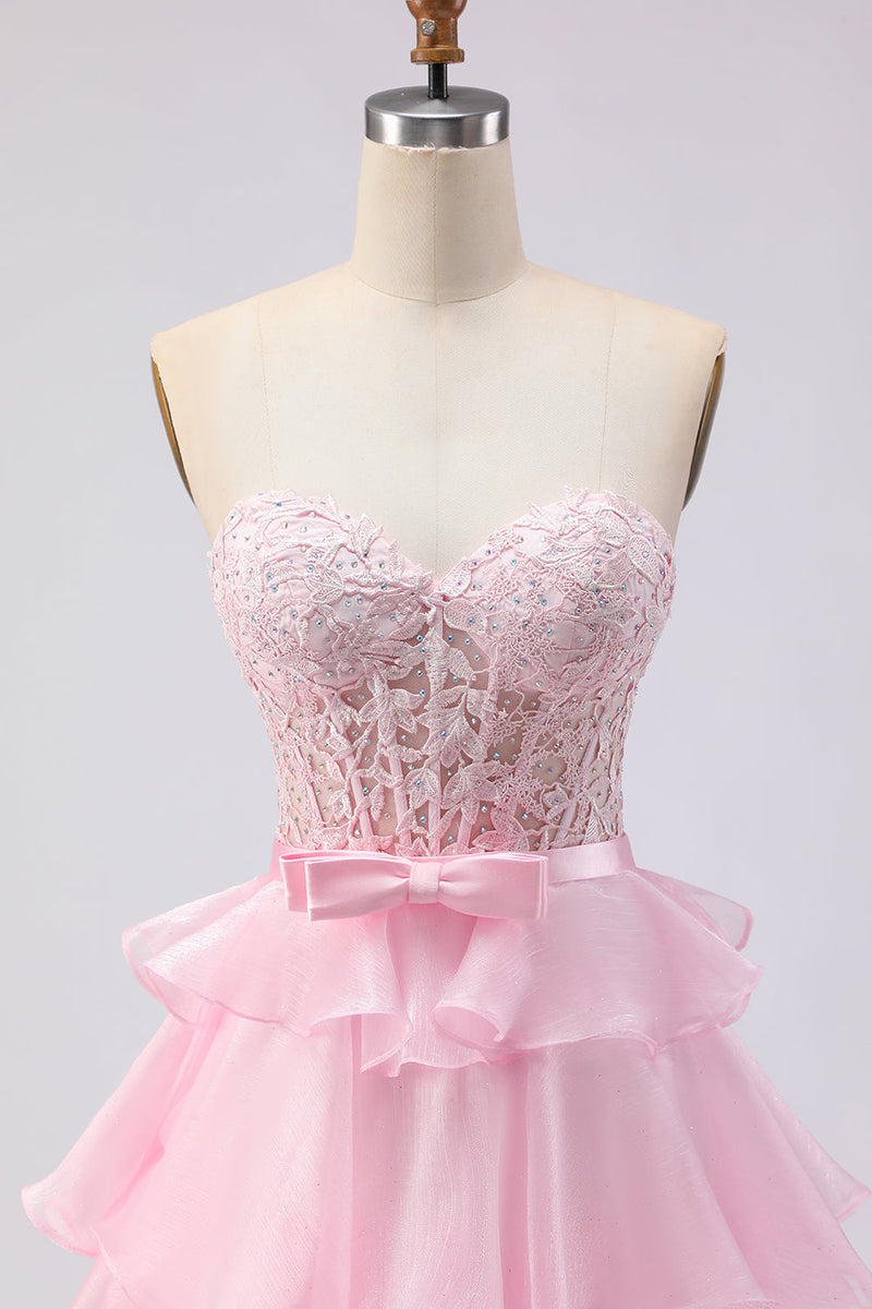 Load image into Gallery viewer, Pink Sweetheart A Line Corset Ruffled Long Prom Dress with Slit