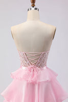Load image into Gallery viewer, Pink Sweetheart A Line Corset Ruffled Long Prom Dress with Slit