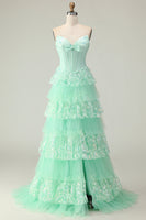 Load image into Gallery viewer, Green Ruffled Strapless Long Corset Prom Dress with Bow