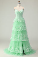 Load image into Gallery viewer, Green Ruffled Strapless Long Corset Prom Dress with Bow