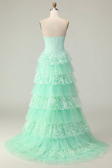 Green Ruffled Strapless Long Corset Prom Dress with Bow