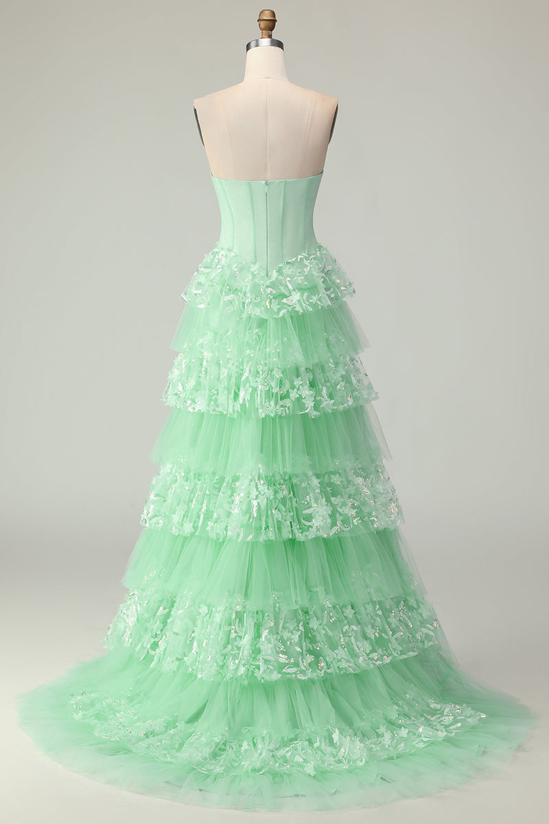 Load image into Gallery viewer, Green Ruffled Strapless Long Corset Prom Dress with Bow