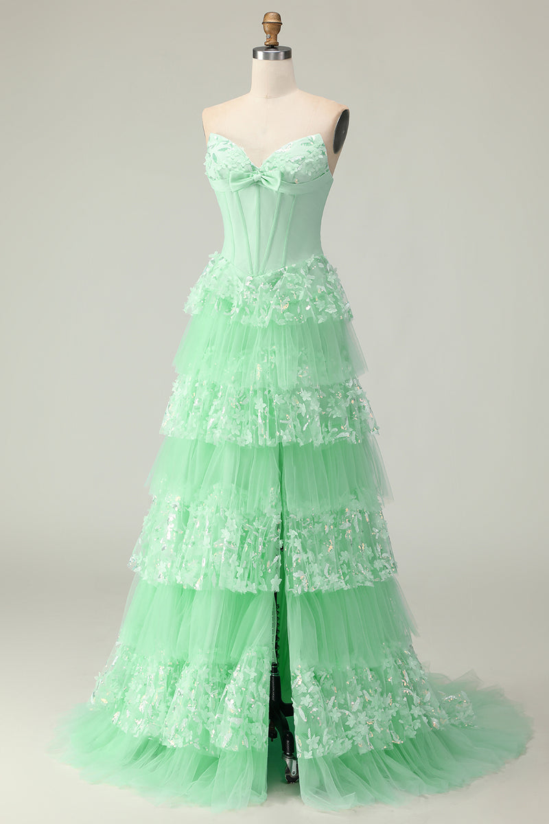 Load image into Gallery viewer, Green Ruffled Strapless Long Corset Prom Dress with Bow